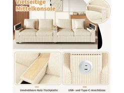 Sofá moderno de 4 lugares - 299 x 80 x 82,7 cm - com porta USB, apoio de braço dobrável e espaço de armazenamento oculto - veludo - bege