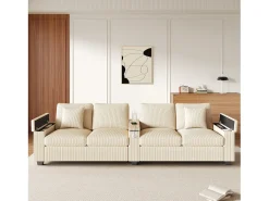 Sofá moderno de 4 lugares - 299 x 80 x 82,7 cm - com porta USB, apoio de braço dobrável e espaço de armazenamento oculto - veludo - bege