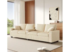 Sofá moderno de 4 lugares - 299 x 80 x 82,7 cm - com porta USB, apoio de braço dobrável e espaço de armazenamento oculto - veludo - bege