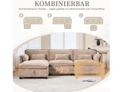 Sofá moderno de 3 lugares - 279 x 83 x 85 cm - com porta USB, bolso lateral e apoio para os pés com espaço de armazenamento - veludo - cáqui