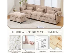 Sofá moderno de 3 lugares - 279 x 83 x 85 cm - com porta USB, bolso lateral e apoio para os pés com espaço de armazenamento - veludo - cáqui