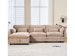 Sofá moderno de 3 lugares - 279 x 83 x 85 cm - com porta USB, bolso lateral e apoio para os pés com espaço de armazenamento - veludo - cáqui