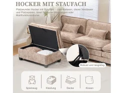 Sofá moderno de 3 lugares - 279 x 83 x 85 cm - com porta USB, bolso lateral e apoio para os pés com espaço de armazenamento - veludo - cáqui