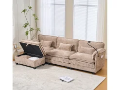 Sofá moderno de 3 lugares - 279 x 83 x 85 cm - com porta USB, bolso lateral e apoio para os pés com espaço de armazenamento - veludo - cáqui