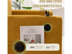 Sofá moderno de 2 lugares - 203 x 77,5 x 85 cm - com USB-C + LEDs + porta-copos e bolsos laterais - veludo - Amarelo
