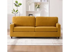 Sofá moderno de 2 lugares - 203 x 77,5 x 85 cm - com USB-C + LEDs + porta-copos e bolsos laterais - veludo - Amarelo