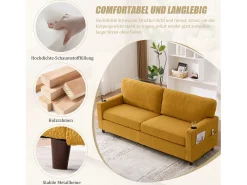 Sofá moderno de 2 lugares - 203 x 77,5 x 85 cm - com USB-C + LEDs + porta-copos e bolsos laterais - veludo - Amarelo