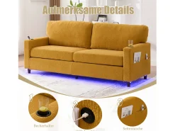Sofá moderno de 2 lugares - 203 x 77,5 x 85 cm - com USB-C + LEDs + porta-copos e bolsos laterais - veludo - Amarelo