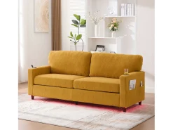 Sofá moderno de 2 lugares - 203 x 77,5 x 85 cm - com USB-C + LEDs + porta-copos e bolsos laterais - veludo - Amarelo