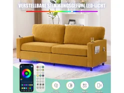 Sofá moderno de 2 lugares - 203 x 77,5 x 85 cm - com USB-C + LEDs + porta-copos e bolsos laterais - veludo - Amarelo