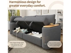 Sofá moderno de 2 lugares - 207,5 x 80 x 87 cm - com arrumação + apoio de cabeça + mesa lateral integrada - veludo - cinzento