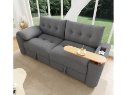 Sofá moderno de 2 lugares - 207,5 x 80 x 87 cm - com arrumação + apoio de cabeça + mesa lateral integrada - veludo - cinzento
