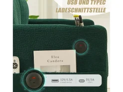 Sofá moderno de 2 lugares - 203 x 77,5 x 85 cm - com USB-C + LEDs + porta-copos e bolsos laterais - veludo - verde