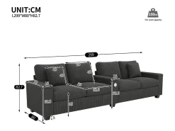 Sofá moderno de 4 lugares - 299 x 80 x 82,7 cm - com porta USB, apoio de braço dobrável e espaço de armazenamento oculto - veludo - cinza
