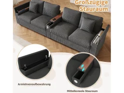 Sofá moderno de 4 lugares - 299 x 80 x 82,7 cm - com porta USB, apoio de braço dobrável e espaço de armazenamento oculto - veludo - cinza