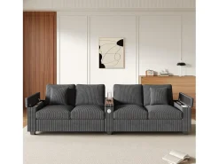 Sofá moderno de 4 lugares - 299 x 80 x 82,7 cm - com porta USB, apoio de braço dobrável e espaço de armazenamento oculto - veludo - cinza