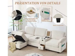 Sofá moderno de 3 lugares - 266 x 136 x 82 cm - com 2 porta-copos + porta USB-C + gaveta + pufe removível com espaço de armazenamento - veludo - bege