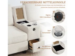 Sofá moderno de 3 lugares - 266 x 136 x 82 cm - com 2 porta-copos + porta USB-C + gaveta + pufe removível com espaço de armazenamento - veludo - bege
