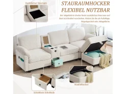 Sofá moderno de 3 lugares - 266 x 136 x 82 cm - com 2 porta-copos + porta USB-C + gaveta + pufe removível com espaço de armazenamento - veludo - bege