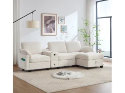 Sofá moderno de 3 lugares - 266 x 136 x 82 cm - com 2 porta-copos + porta USB-C + gaveta + pufe removível com espaço de armazenamento - veludo - bege