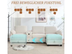 Sofá moderno de 3 lugares - 266 x 136 x 82 cm - com 2 porta-copos + porta USB-C + gaveta + pufe removível com espaço de armazenamento - veludo - bege
