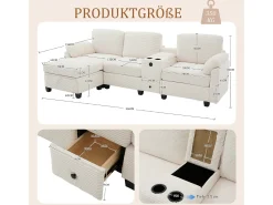 Sofá moderno de 3 lugares - 266 x 136 x 82 cm - com 2 porta-copos + porta USB-C + gaveta + pufe removível com espaço de armazenamento - veludo - bege