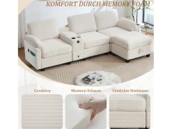 Sofá moderno de 3 lugares - 266 x 136 x 82 cm - com 2 porta-copos + porta USB-C + gaveta + pufe removível com espaço de armazenamento - veludo - bege