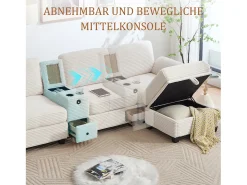 Sofá moderno de 3 lugares - 266 x 136 x 82 cm - com 2 porta-copos + porta USB-C + gaveta + pufe removível com espaço de armazenamento - veludo - bege