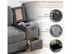 Sofá moderno de 3 lugares - 266 x 136 x 82 cm - com 2 porta-copos + porta USB-C + gaveta + pufe removível com espaço de armazenamento - veludo - cinza escuro