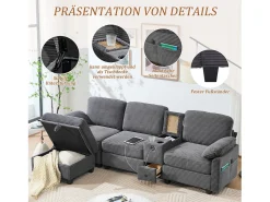 Sofá moderno de 3 lugares - 266 x 136 x 82 cm - com 2 porta-copos + porta USB-C + gaveta + pufe removível com espaço de armazenamento - veludo - cinza escuro