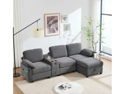 Sofá moderno de 3 lugares - 266 x 136 x 82 cm - com 2 porta-copos + porta USB-C + gaveta + pufe removível com espaço de armazenamento - veludo - cinza escuro