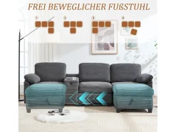 Sofá moderno de 3 lugares - 266 x 136 x 82 cm - com 2 porta-copos + porta USB-C + gaveta + pufe removível com espaço de armazenamento - veludo - cinza escuro