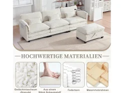 Sofá moderno de 3 lugares - 279 x 83 x 85 cm - com porta USB, bolso lateral e apoio para os pés com espaço de armazenamento - veludo - bege