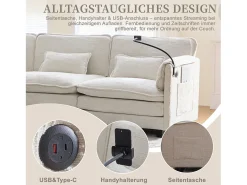Sofá moderno de 3 lugares - 279 x 83 x 85 cm - com porta USB, bolso lateral e apoio para os pés com espaço de armazenamento - veludo - bege