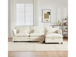 Sofá moderno de 3 lugares - 279 x 83 x 85 cm - com porta USB, bolso lateral e apoio para os pés com espaço de armazenamento - veludo - bege