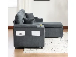 Sofá moderno de 3 lugares convertível em linho com espaço de arrumação, suporte para copos e porta USB - Cinza