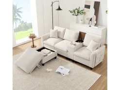 Sofá moderno de 4 lugares com apoio para os pés com espaço de armazenamento + 2 porta-copos + porta USB - 229 x 149,5 x 83 cm - Veludo - bege