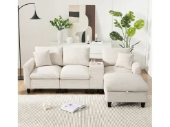Sofá moderno de 4 lugares com apoio para os pés com espaço de armazenamento + 2 porta-copos + porta USB - 229 x 149,5 x 83 cm - Veludo - bege