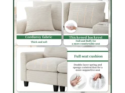 Sofá moderno de 4 lugares com apoio para os pés com espaço de armazenamento + 2 porta-copos + porta USB - 229 x 149,5 x 83 cm - Veludo - bege