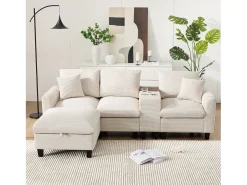 Sofá moderno de 4 lugares com apoio para os pés com espaço de armazenamento + 2 porta-copos + porta USB - 229 x 149,5 x 83 cm - Veludo - bege