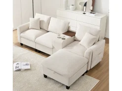 Sofá moderno de 4 lugares com apoio para os pés com espaço de armazenamento + 2 porta-copos + porta USB - 229 x 149,5 x 83 cm - Veludo - bege