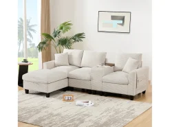 Sofá moderno de 4 lugares com apoio para os pés com espaço de armazenamento + 2 porta-copos + porta USB - 229 x 149,5 x 83 cm - Veludo - bege
