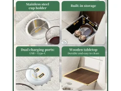 Sofá moderno de 4 lugares com apoio para os pés com espaço de armazenamento + 2 porta-copos + porta USB - 229 x 149,5 x 83 cm - Veludo - bege