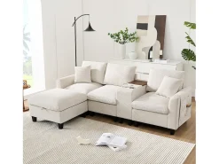 Sofá moderno de 4 lugares com apoio para os pés com espaço de armazenamento + 2 porta-copos + porta USB - 229 x 149,5 x 83 cm - Veludo - bege