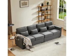 Sofá moderno de 4 lugares com 4 almofadas - 264 x 83 x 87 cm - Tecido de linho - Cinza escuro