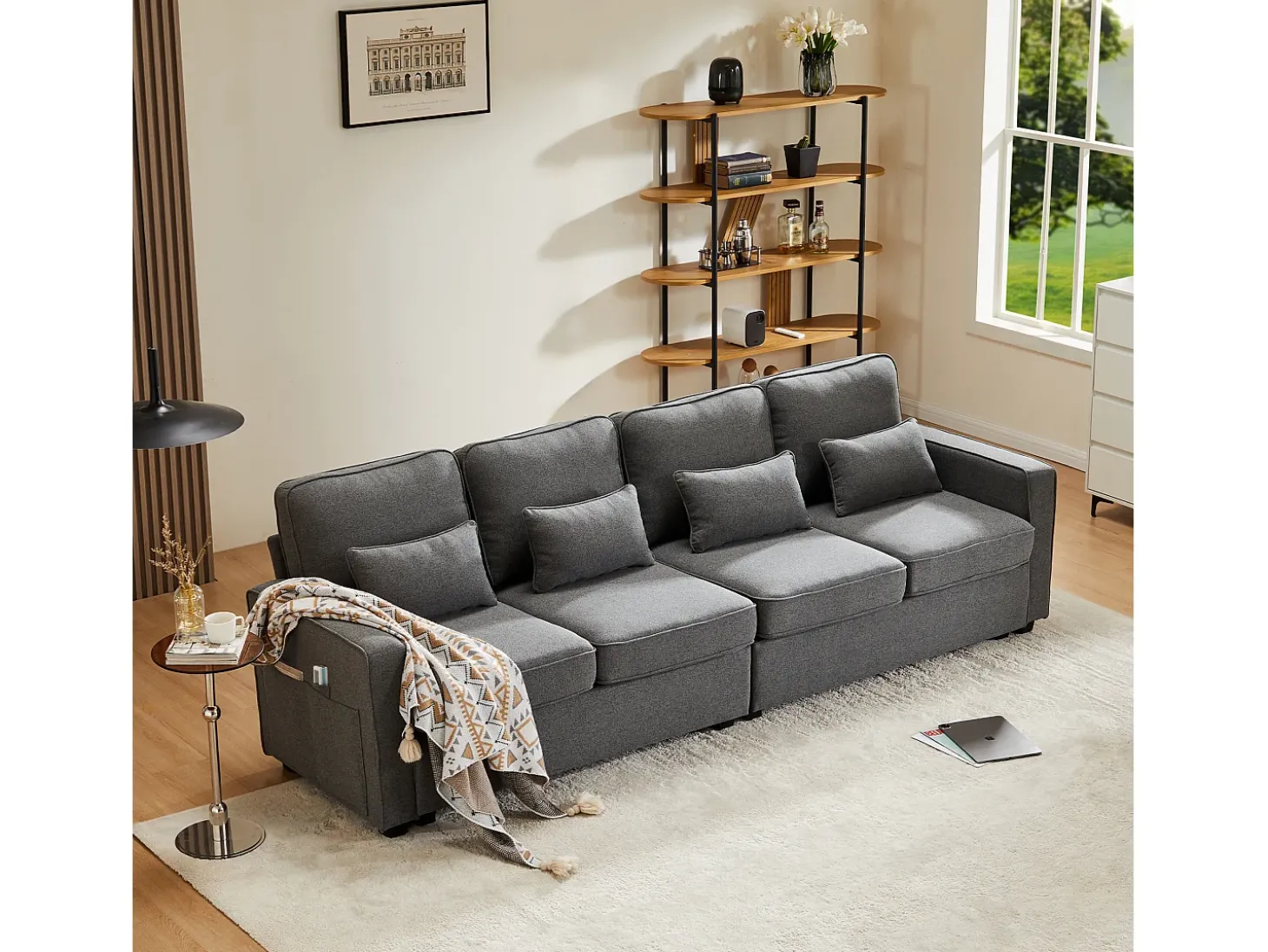 Sofá moderno de 4 lugares com 4 almofadas - 264 x 83 x 87 cm - Tecido de linho - Cinza escuro
