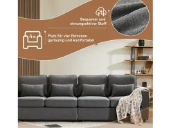 Sofá moderno de 4 lugares com 4 almofadas - 264 x 83 x 87 cm - Tecido de linho - Cinza escuro