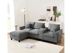 Sofá moderno de 4 lugares com apoio para os pés com espaço de armazenamento + 2 porta-copos + porta USB - 229 x 149,5 x 83 cm - Veludo - cinza