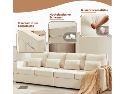 Sofá moderno de 4 lugares com 4 almofadas - 264 x 83 x 87 cm - Tecido de linho - Bege