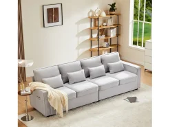 Sofá moderno de 4 lugares com 4 almofadas - 264 x 83 x 87 cm - Tecido de linho - Cinza